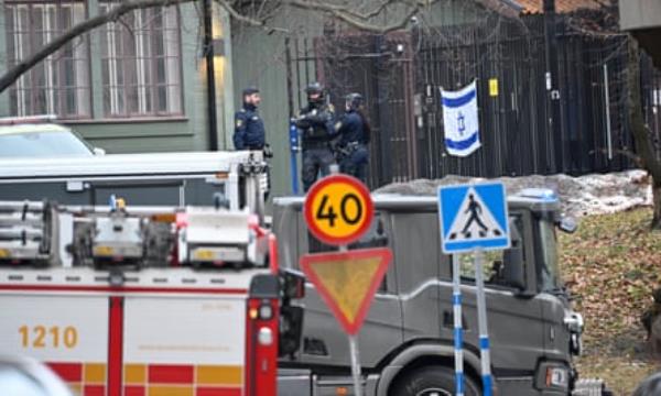 Police secure the scene where a hand grenade was found near the Israeli embassy in Stockholm on 31 January.