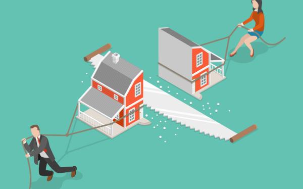 Divorce flat isometric vector concept. Man and a woman are dragging their half of the sawn house.