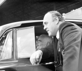 Sir Robert Menzies watching Carlton play Footscray from his Bentley at Princes Park in 1972.